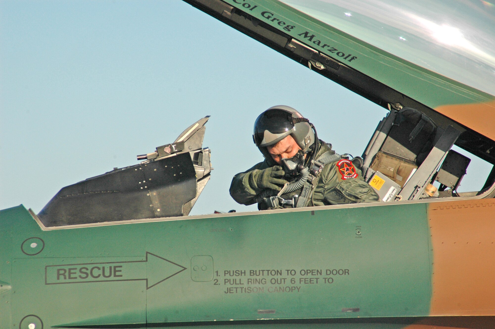 EIELSON AIR FORCE BASE, Alaska--Capt. Eddie Francis, a 64th Aggressor Squadron F-16 Fighter pilot from Nellis Air Force Base, Nev., prepares to taxi down the runway April 6 for a Red Flag-Alaska 07-1 orientation flight. Red Flag-Alaska enables aviation units to sharpen their combat skills by flying ten simulated combat sorties in a realistic threat environment. Additionally, the training allows them to exchange tactics, techniques, and procedures and improve interoperability.  (U.S. Air Force photo by Senior Airman Justin Weaver).