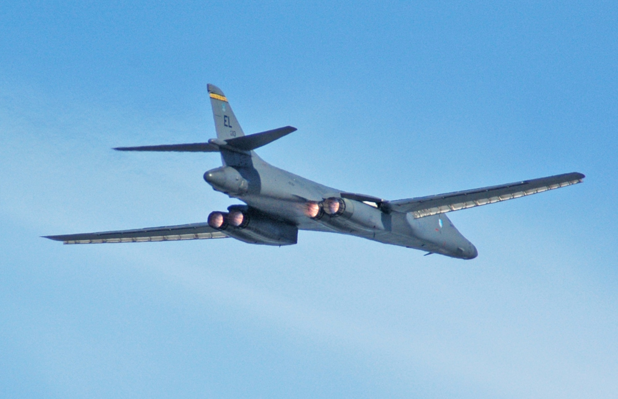EIELSON AIR FORCE BASE, Alaska -- A B-1B Lancer uses its afterburner during takeoff while on an orientation flight April 6. Red Flag-Alaska allows aircrews to practice large-scale combat missions. The exercises are conducted on the Pacific Alaskan Range Complex with air operations flown out of Eielson and Elmendorf Air Force bases. (U.S. Air Force photo by Senior Airman Justin Weaver).
