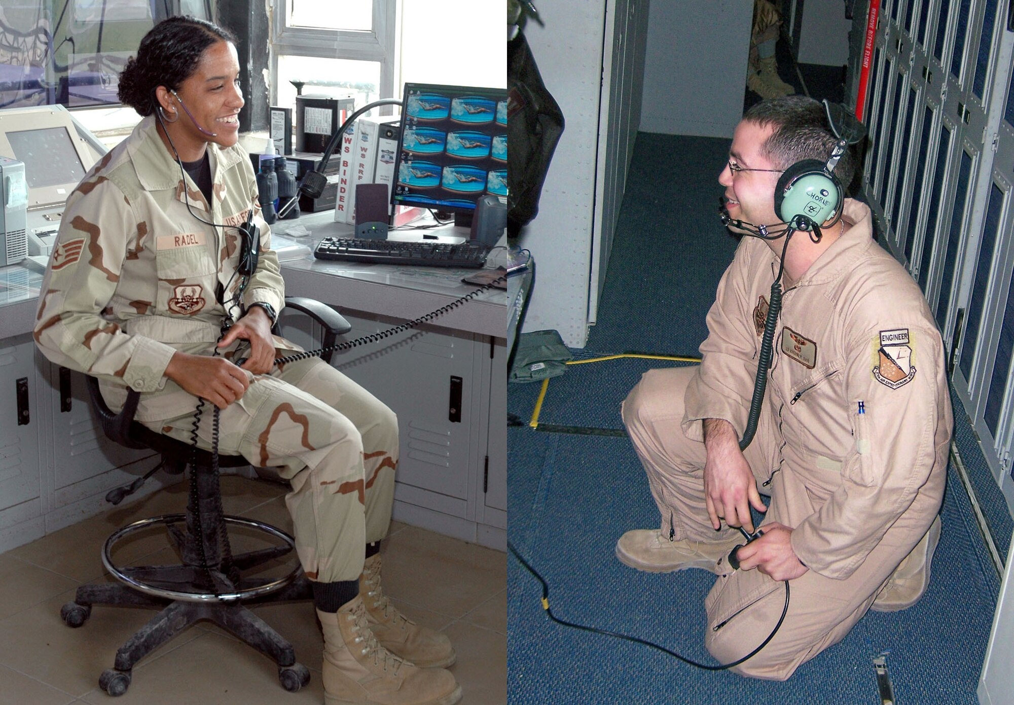 Staff Sgt. Sarah Radel, 506th Operations Support Squadron air traffic controller, deployed from McGuire AFB, accepts a marriage proposal by her boyfriend, Staff Sgt. Ed Chorney, 16th Airborne Command and Control Squadron flight engineer, recently at Kirkuk Regional Air Base, Iraq. Sergeant Chorney's aircraft was in a holding pattern over Iraq when he popped the question. 