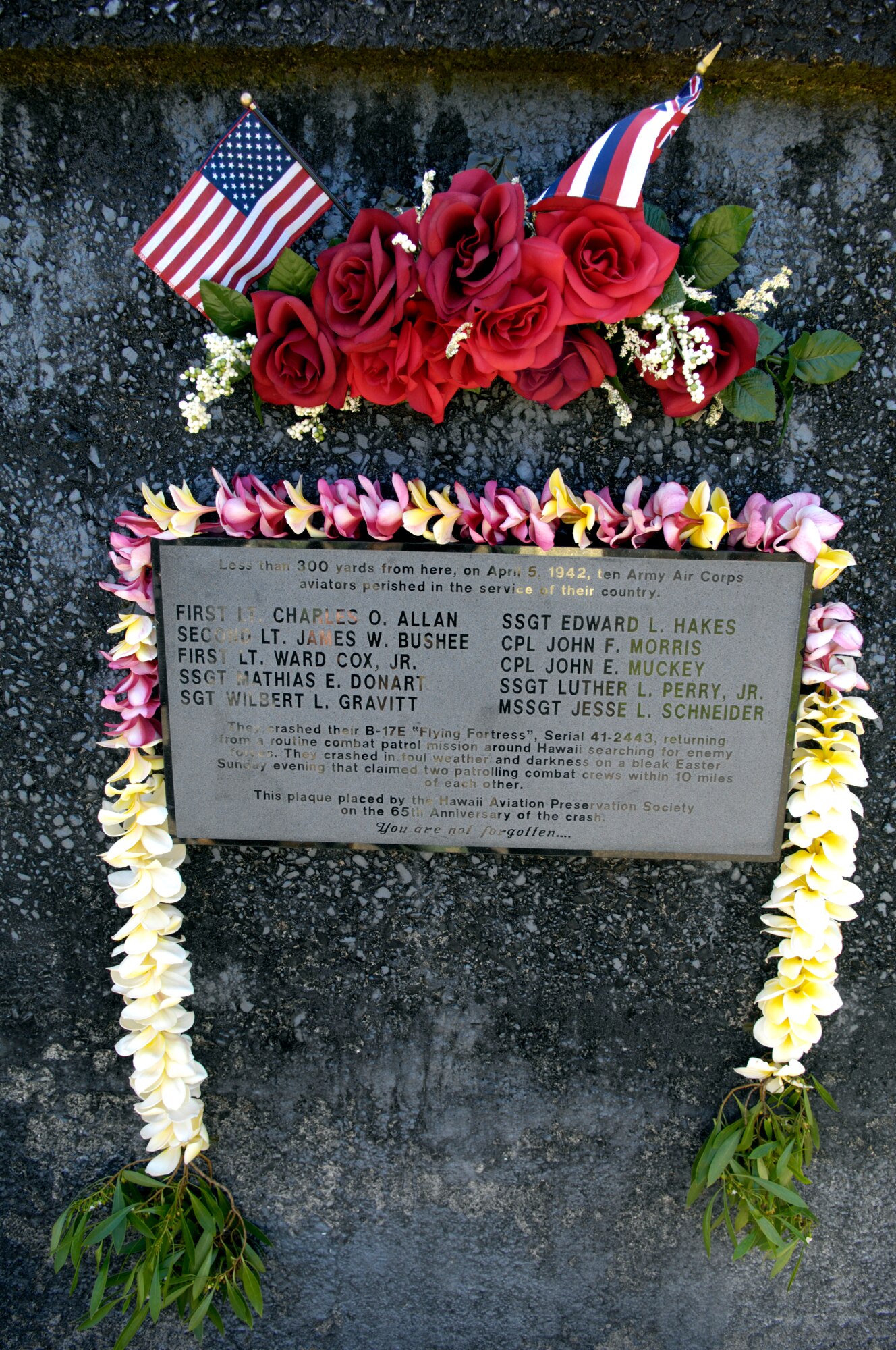 A plaque honoring 10 crew members of a B-17E Flying Fortress sits about 300 yards from the crash site on Nu'uanu Pali Lookout, Hawaii April 5, 2007. Airmen from Hickam Air Force Base and members of Hawaii Aviation Preservation Society held a memorial and dedicated the plaque airmen that crashed into the cliffs of Mt. Keahiakahoe 65 years ago. (U.S. Air Force photo/ Tech. Sgt. Shane A. Cuomo)