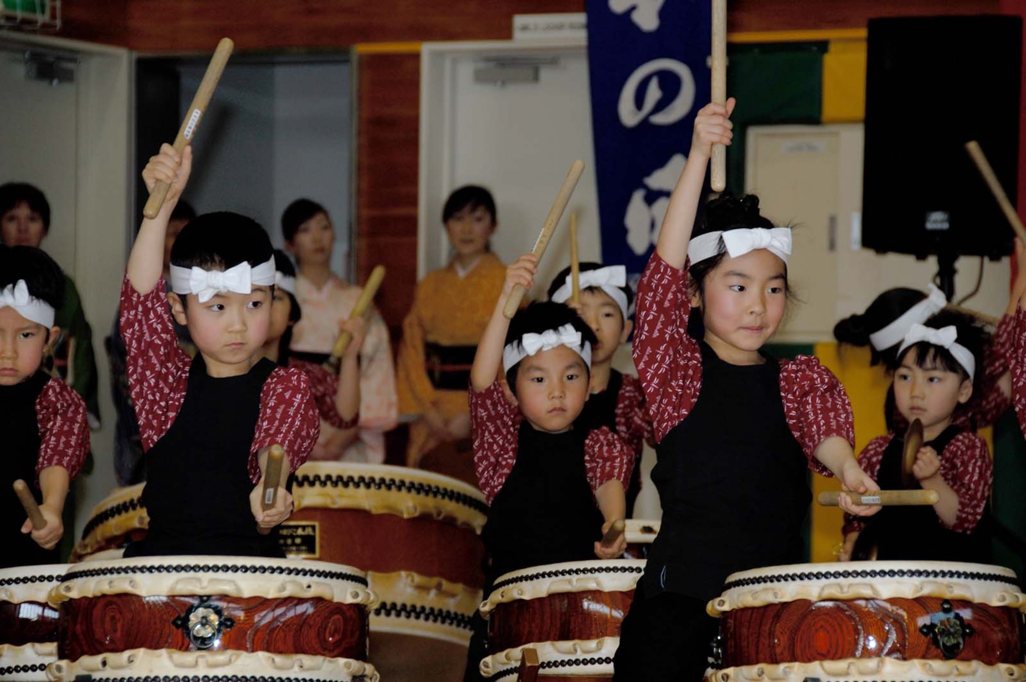 Misawa Air Base, Japan --  Members of the Makibano Kids Drummers perform before the opening ceremony of the 20th Annual Japan Day Celebration at Misawa Air Base, Japan on April 7, 2007.  Japan Day is held annually to support Japanese/ American relations.  During the day, Americans are given a chance to see traditional Japanese customs without having to leave the base.  U.S. Air Force photo by Senior Airman Laura McFarlane