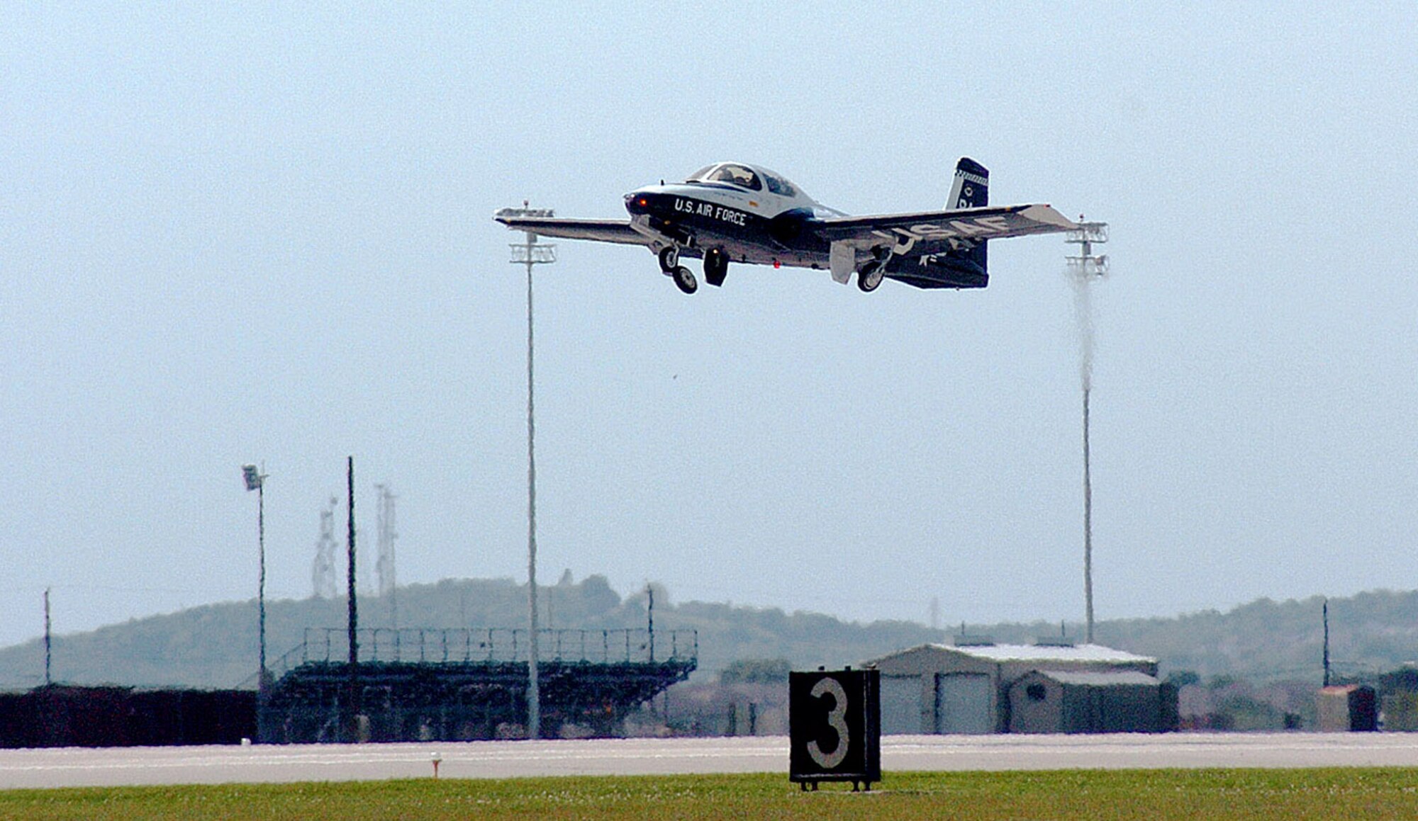 The last Randolph T-37B Tweet departs the flightline April 6 during the aircraft's official retirement ceremony from base. The Tweet served as the primary pilot instructor training aircraft from October 1965 to April 2007. (U.S. Air Force photo/Dave Terry)