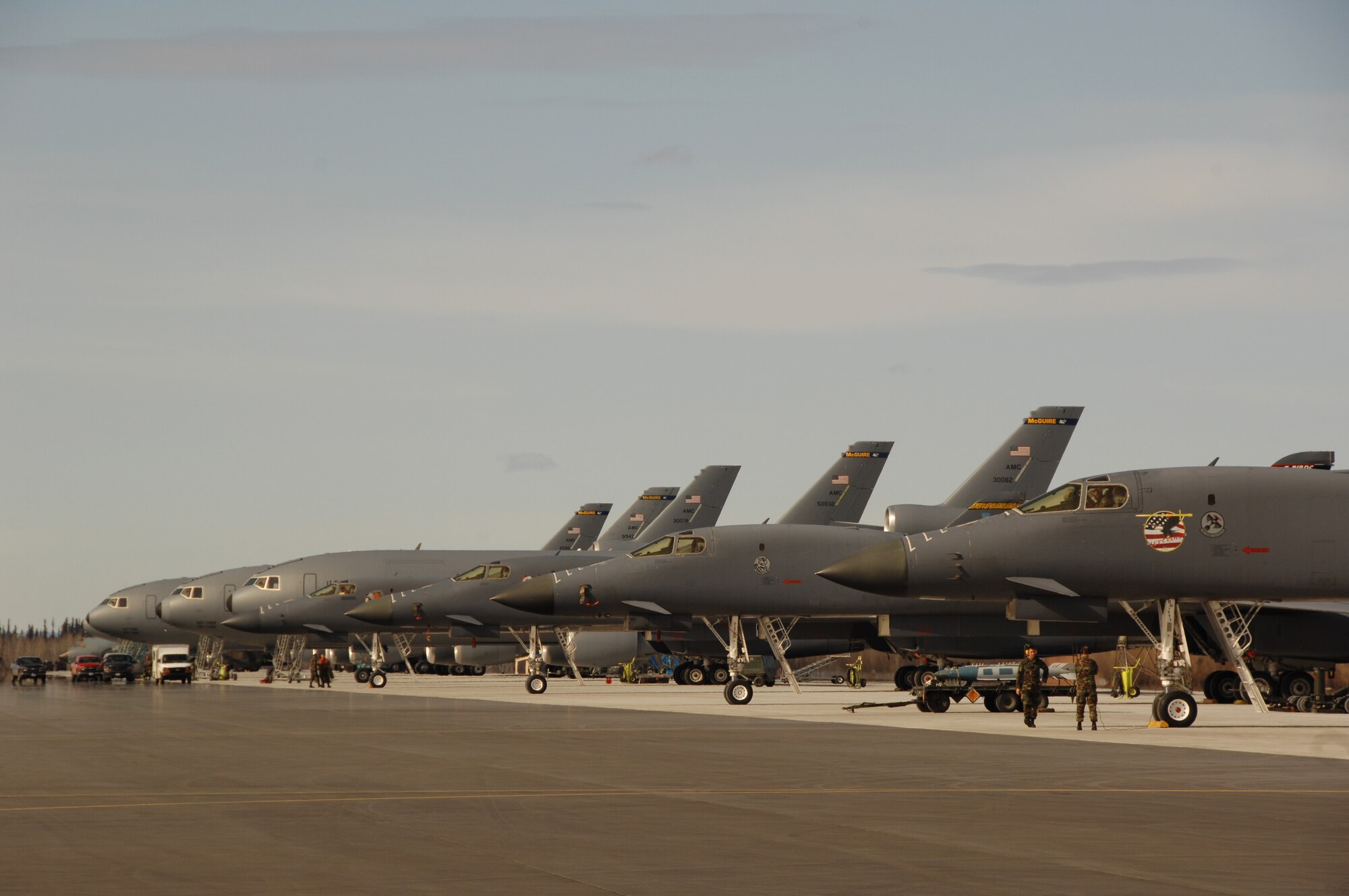 EIELSON AIR FORCE BASE, Alaska -- B-1B Lancers from Ellsworth Air Force Base, South Dakota, and KC-10 Extenders from McGuire Air Force Base, New Jersey, sit on the flightline here on Apr 9 during Red Flag-Alaska 07-1. Red Flag-Alaska enables aviation units to sharpen their combat skills by flying ten simulated combat sorties in a realistic threat environment. Additionally, the training allows them to exchange tactics, techniques, and procedures and improve interoperability.
(U.S. Air Force Photo by Staff Sgt Joshua Strang)