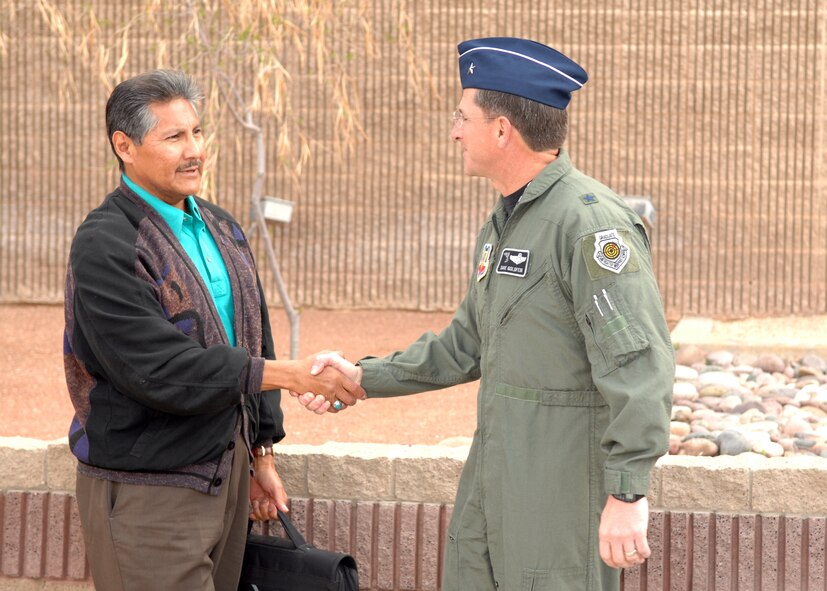 Brig. Gen. David Goldfein, 49th Fighter Wing commander, greets Mr. Mark Chino, president of the Mescalero Nation. Mr. Chino came to Holloman with senior staff members of the Inn of the Mountain Gods to discuss mutual topics about the educational enrichment program and military hospitality at The Inn. This is the first time Mr. Chino has visited Holloman and the first time a Mescalero president met with the wing commander. (U.S. Air Force photo by Airman 1st Class Jamal Sutter)