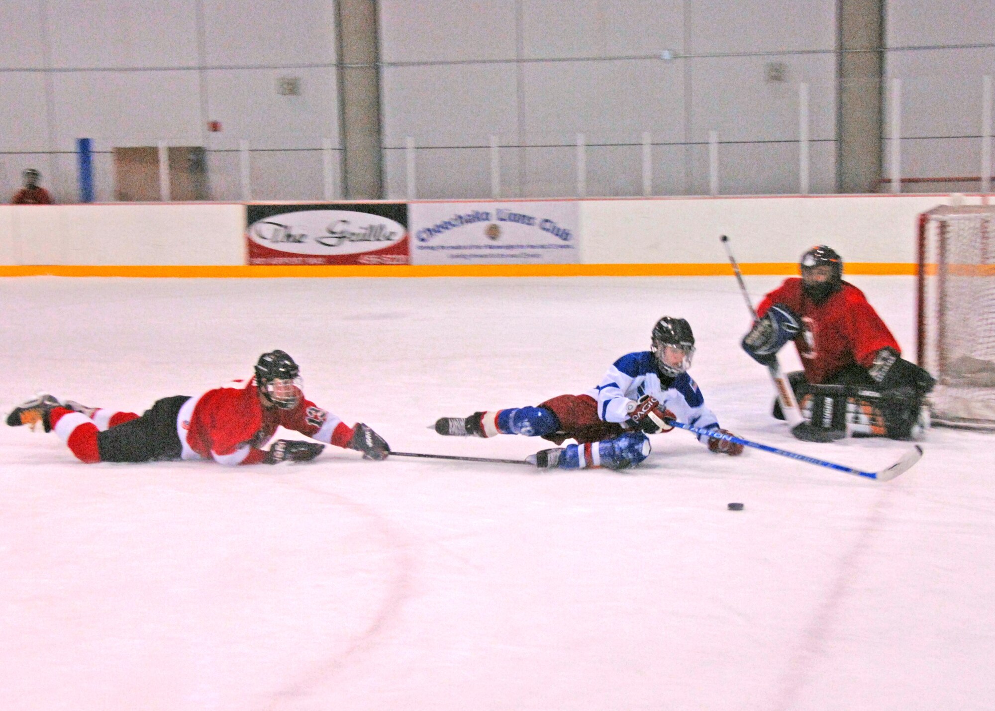 EIELSON AIR FORCE BASE, Alaska--An Iceman is taken down in front of the Skunks goal in  action during the 9th Annual Alaskan Armed Forces Hockey Tournament March 30 at Fort Wainwright. More than 120 players, comprised of active duty and Air National Guard Airmen and Soldiers, Canadian Armed Forces, civilian employees and dependents, skated in 33 games over the five day tournament held at Fort Wainwright. (U.S. Air Force photo by Staff Sgt. Joshua Strang)