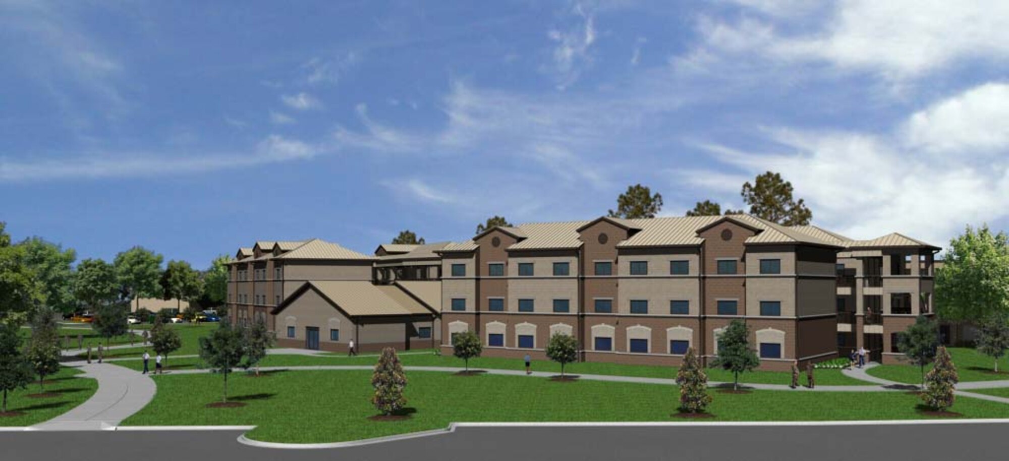 This artist's drawing shows the new 144-room dormitory that will showcase the Air Force's success in areas of energy and sustainable development.  On March 30, officials at Shaw Air Force Base, S.C., awarded an 18-month contract to Hitt Contracting to build the dormitory.  It is projected to gain a Leadership in Energy and Environmental Design silver certification upon completion. (Courtesy drawing)