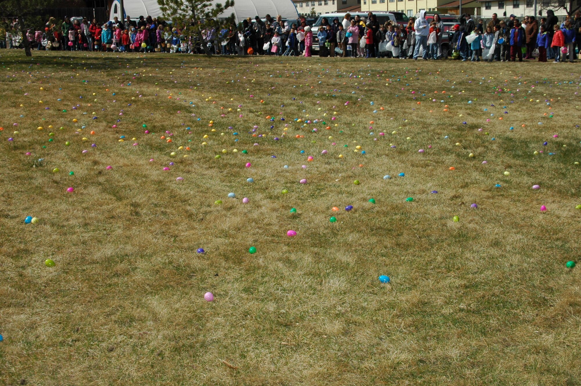 Children circle the field preparing to hunt eggs. A free base-wide Easter egg hunt was held April 7 outside the base exchange. Approximately 600 children met the Easter Bunny, hunted for eggs and got free face paintings. The children were divided into two age groups to hunt for the 3,000 eggs which all contained candy or prize coupons.