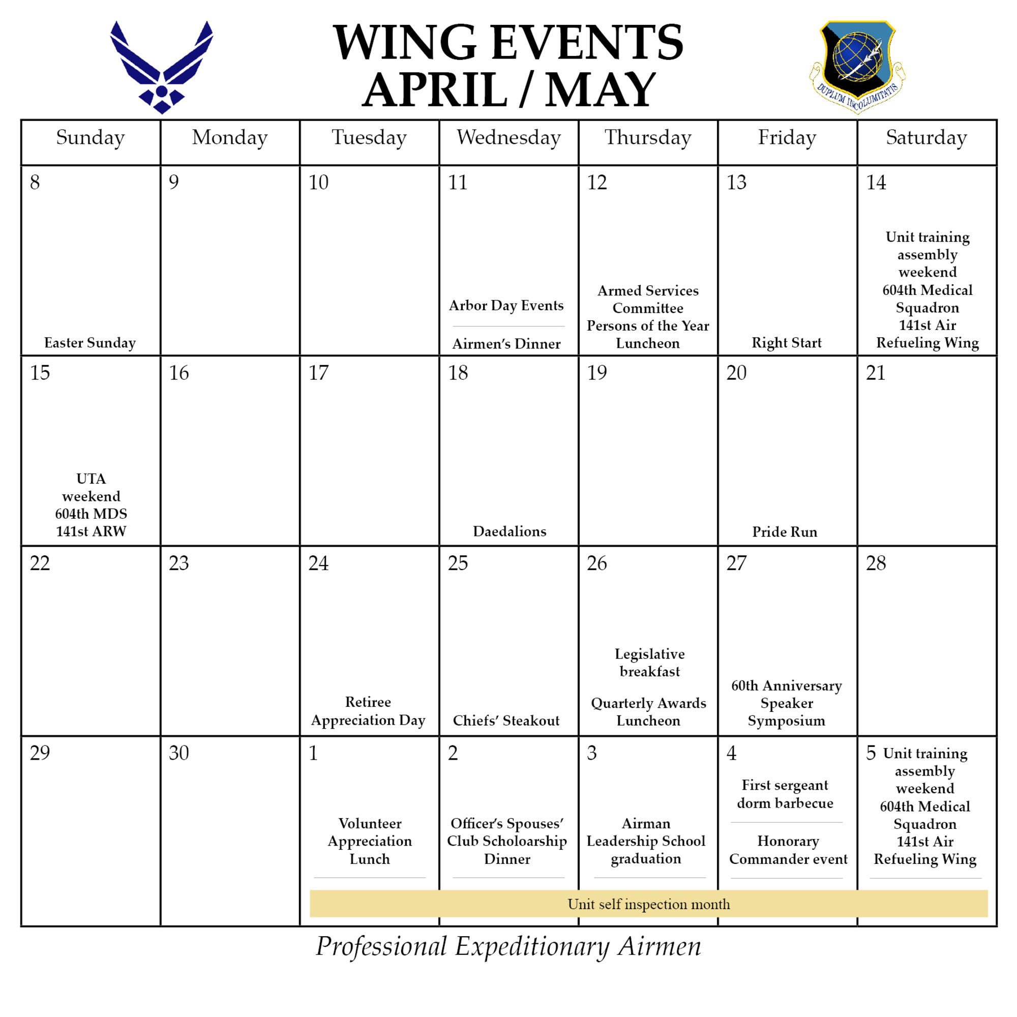 Wing events for April and May (U.S. Air Force graphic/Staff Sgt. Kristian Carter)