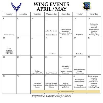 Wing events for April and May (U.S. Air Force graphic/Staff Sgt. Kristian Carter)