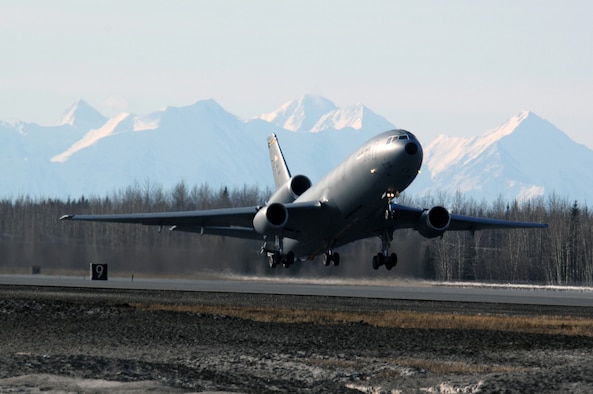 EIELSON AIR FORCE BASE, Alaska -- A KC-10 Extender from McGuire Air Force Base, New Jersey takes off for a mission during Red Flag-Alaska 07-1 here on April 10. Red Flag-Alaska is a Pacific Air Forces-directed field training exercise for U.S. forces flown under simulated air combat conditions. It is conducted on the Pacific Alaskan Range Complex with air operations flown out of Eielson and Elmendorf Air Force Bases. 
(U.S. Air Force Photo by Staff Sgt Joshua Strang) 