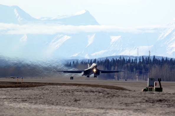 EIELSON AIR FORCE BASE, Alaska -- A B-1B Lancer from Ellsworth Air Force Base, South Dakota takes off for a mission during Red Flag-Alaska 07-1 here on April 10. Red Flag-Alaska is a Pacific Air Forces-directed field training exercise for U.S. forces flown under simulated air combat conditions. It is conducted on the Pacific Alaskan Range Complex with air operations flown out of Eielson and Elmendorf Air Force Bases. 
(U.S. Air Force Photo by Staff Sgt Joshua Strang) 