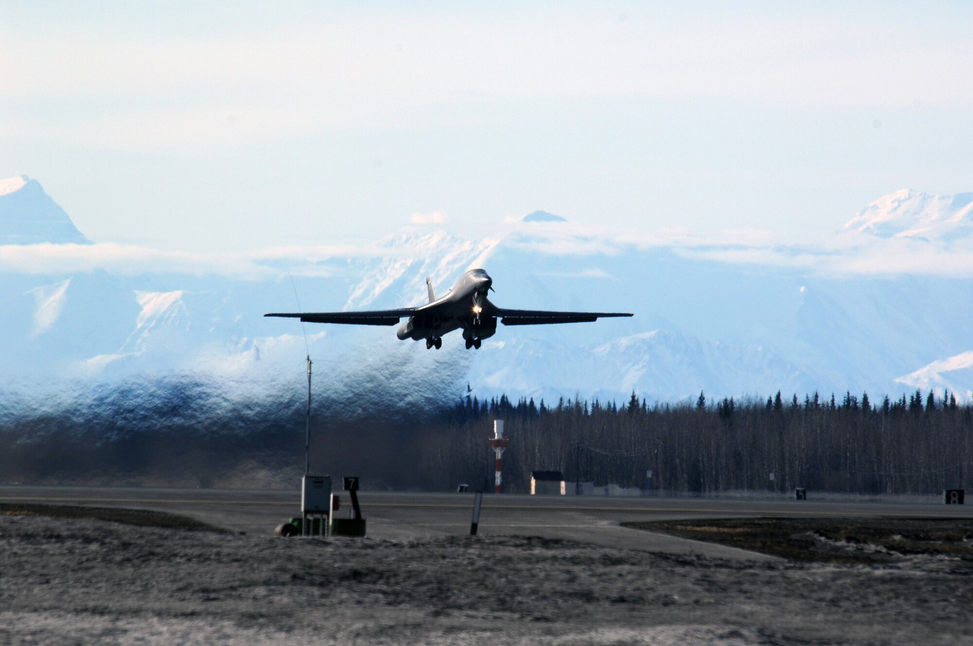 EIELSON AIR FORCE BASE, Alaska -- A B-1B Lancer from Ellsworth Air Force Base, South Dakota takes off for a mission during Red Flag-Alaska 07-1 here on April 10. Red Flag-Alaska is a Pacific Air Forces-directed field training exercise for U.S. forces flown under simulated air combat conditions. It is conducted on the Pacific Alaskan Range Complex with air operations flown out of Eielson and Elmendorf Air Force Bases. 
(U.S. Air Force Photo by Staff Sgt Joshua Strang) 