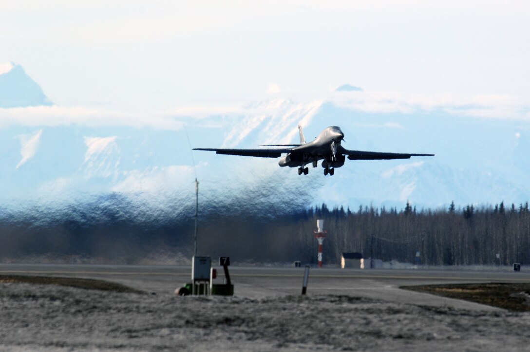 EIELSON AIR FORCE BASE, Alaska -- A B-1B Lancer from Ellsworth Air Force Base, South Dakota takes off for a mission during Red Flag-Alaska 07-1 here on April 10. Red Flag-Alaska is a Pacific Air Forces-directed field training exercise for U.S. forces flown under simulated air combat conditions. It is conducted on the Pacific Alaskan Range Complex with air operations flown out of Eielson and Elmendorf Air Force Bases. 
(U.S. Air Force Photo by Staff Sgt Joshua Strang) 