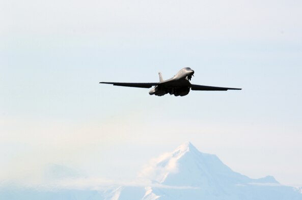 EIELSON AIR FORCE BASE, Alaska -- A B-1B Lancer from Ellsworth Air Force Base, South Dakota takes off for a mission during Red Flag-Alaska 07-1 here on April 10. Red Flag-Alaska is a Pacific Air Forces-directed field training exercise for U.S. forces flown under simulated air combat conditions. It is conducted on the Pacific Alaskan Range Complex with air operations flown out of Eielson and Elmendorf Air Force Bases. 
(U.S. Air Force Photo by Staff Sgt Joshua Strang) 