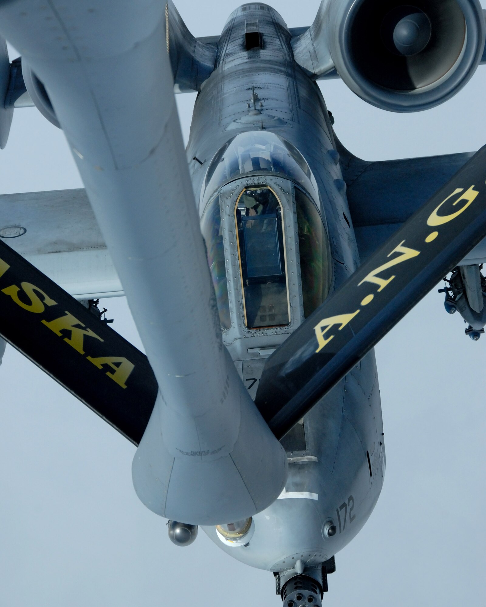 Capt. Oliver Rick positions his A-10 Thunderbolt II behind a KC-135 Stratotanker for aerial refueling April 4 over the Pacific Alaska Range Complex. The 355th Fighter Squadron provides mission ready A-10s and has a search and rescue capability for Alaska and deployed sites worldwide. Captain Rick is a 355th Fighter Squadron pilot. The KC-135 is from the 168th Air Refueling Squadron, and both aircraft are from Eielson Air Force Base, Alaska. (U.S. Air Force photo/Master Sgt. Robert Wieland)
