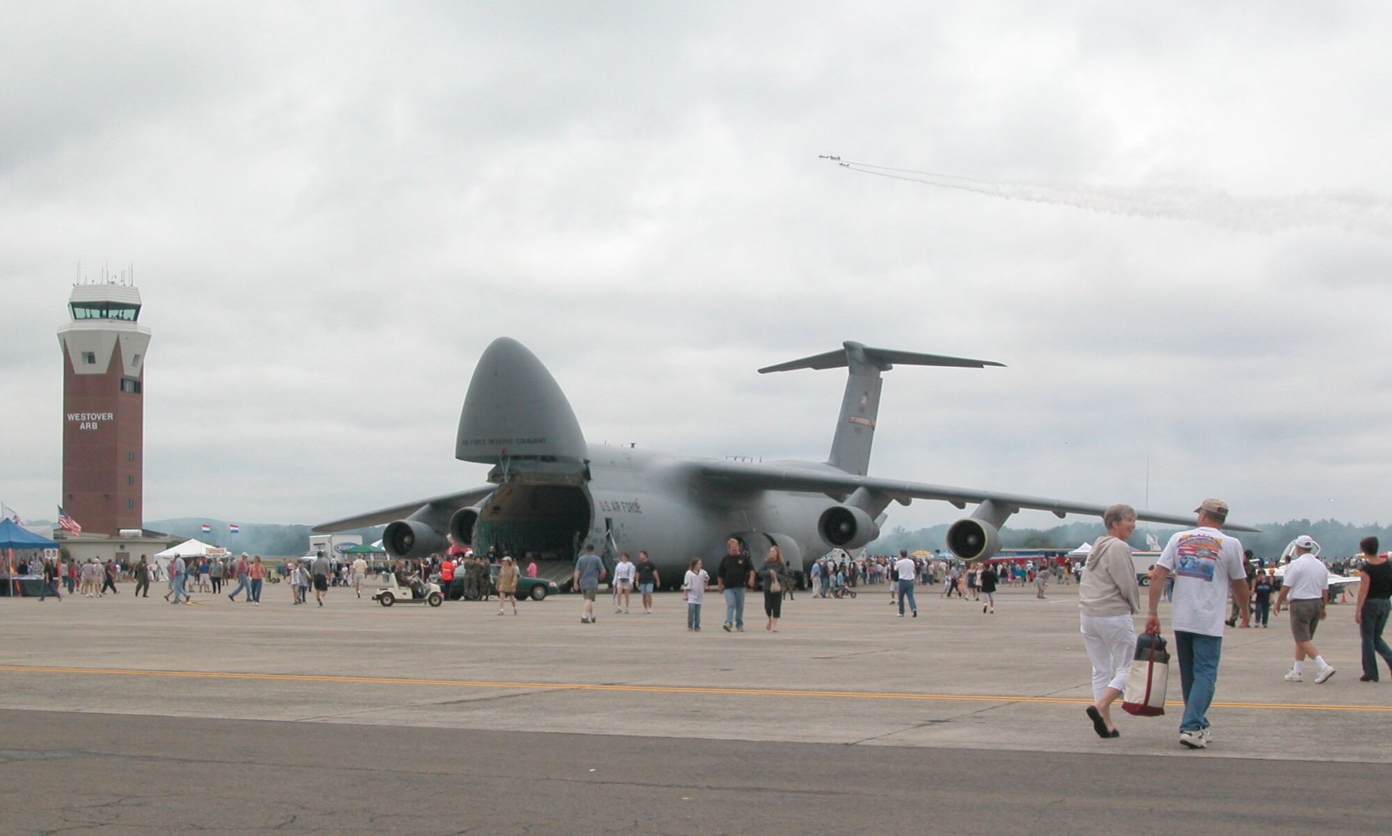 A Westover C-5A is displayed for the thousands of visitors who attended the 2004 Great New England Air Show. Due to fiscal constraints and operational commitments, this year's air show has been rescheduled to the summer of 2008. A date has not been determined yet. (US Air Force file photo/Master Sgt. Tom Allocco)