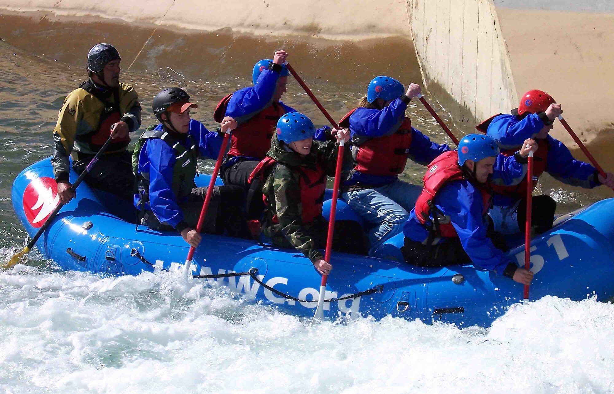 CHARLOTTE, N.C. -- Shaw Airmen dig in deep to push their way through the rapids April 7 at the U.S. National Whitewater Center. The day trip was hosted by the Shaw Air Force Base, S.C. outdoor recreation center and included rock climbing for a price of $25, including transportation. (U.S. Air Force photo/Kurt Marshall)