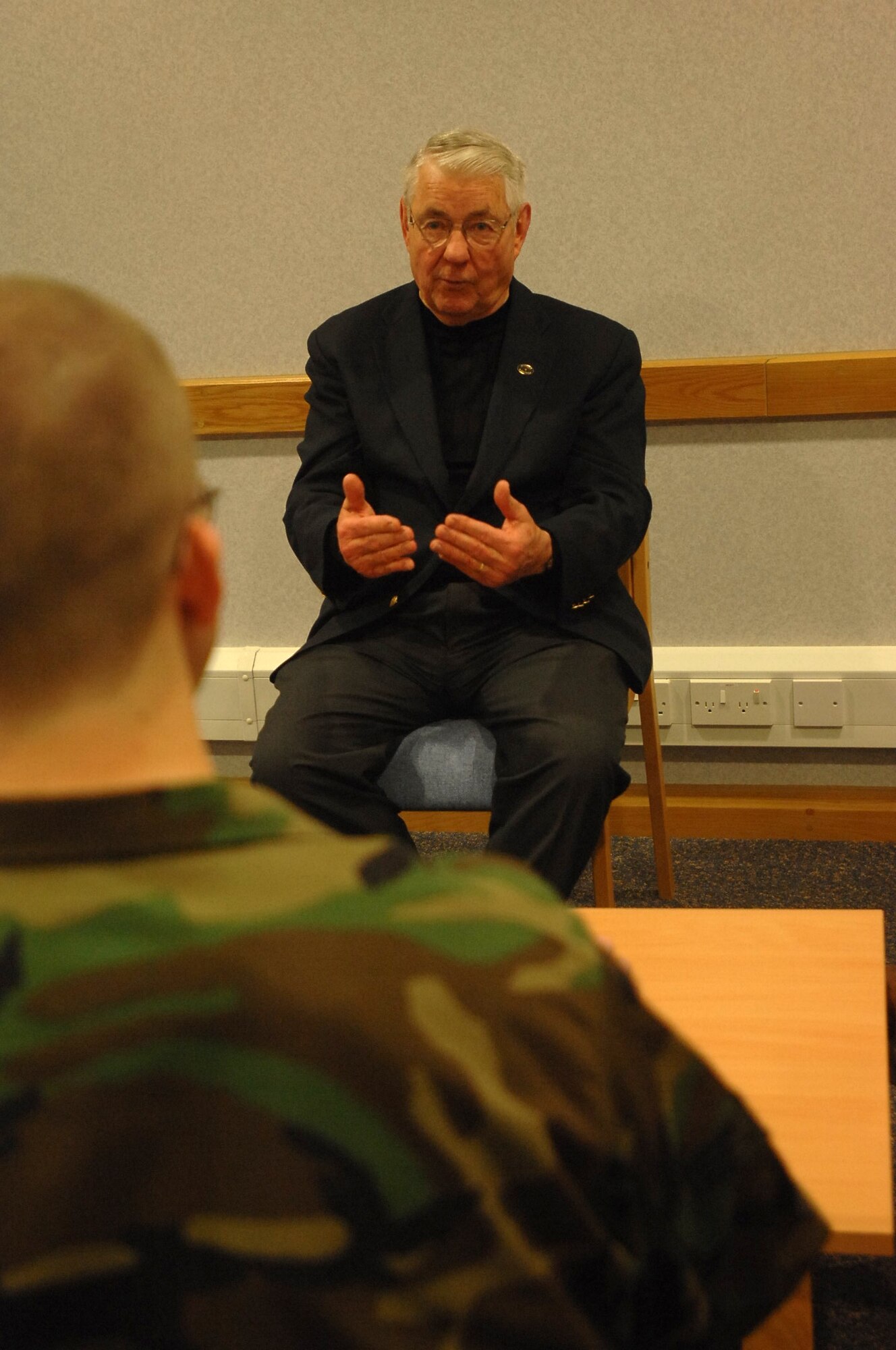 The fifth Chief Master Sergeant of the Air Force Bob Gaylor explains his point of view on the Air Force’s current affairs. Chief Gaylor visited Airmen at RAF Mildenhall March 30. (U.S. Air Force photo by A1C Teresa Phumphrey)
