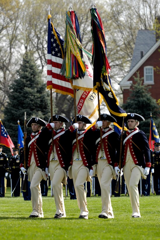 Members of the Continental Color Guard post the colors during the U.S. Army Chief of Staff change of responsibility ceremony at Fort Myer, Va., April 10, 2007.