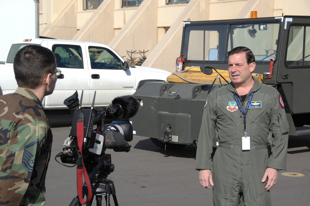 EIELSON AIR FORCE BASE, Alaska -- Col. Jeffry Smith, 28th Bomb Wing commander, is interviewed by Master Sgt. Rob Wieland, 354 Communications Squadron for a video story about Red Flag-Alaska. Colonel Smith is the Air Expeditionary Wing commander for RF-A. U.S. Air Force photo/Staff Sgt Joshua Strang
