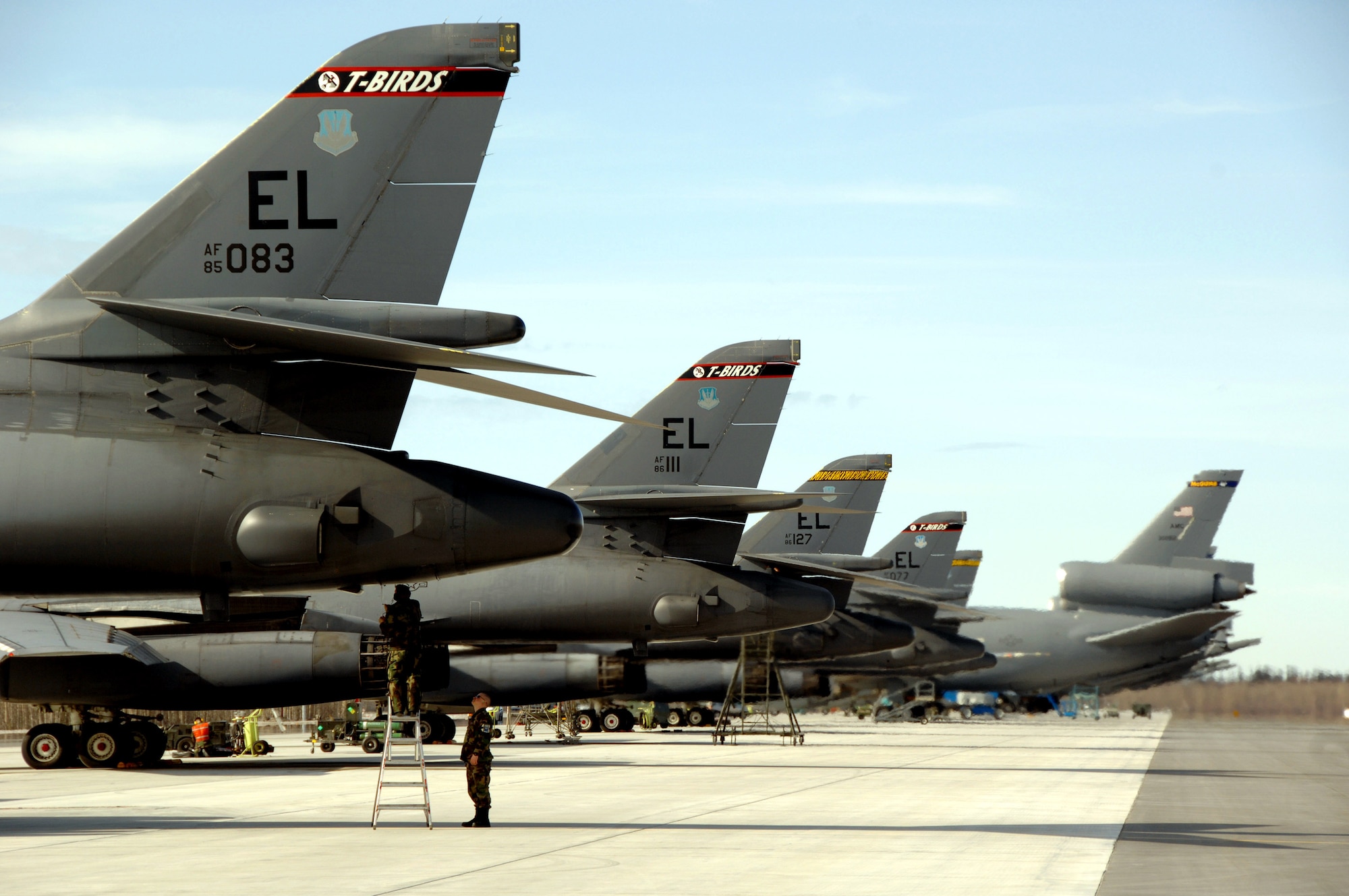 B-1B Lancers from Ellsworth Air Force Base, S.D., and KC-10 Extenders from McGuire AFB, N.J., sit on the flightline at Eielson AFB, Alaska, April 9 during Red Flag-Alaska 07-1. Red Flag-Alaska enables aircrews to sharpen their combat skills by flying ten simulated combat sorties in a realistic threat environment. Additionally, the training allows them to exchange tactics, techniques, and procedures and improve interoperability. (U.S. Air Force photo/Staff Sgt. Joshua Strang) 