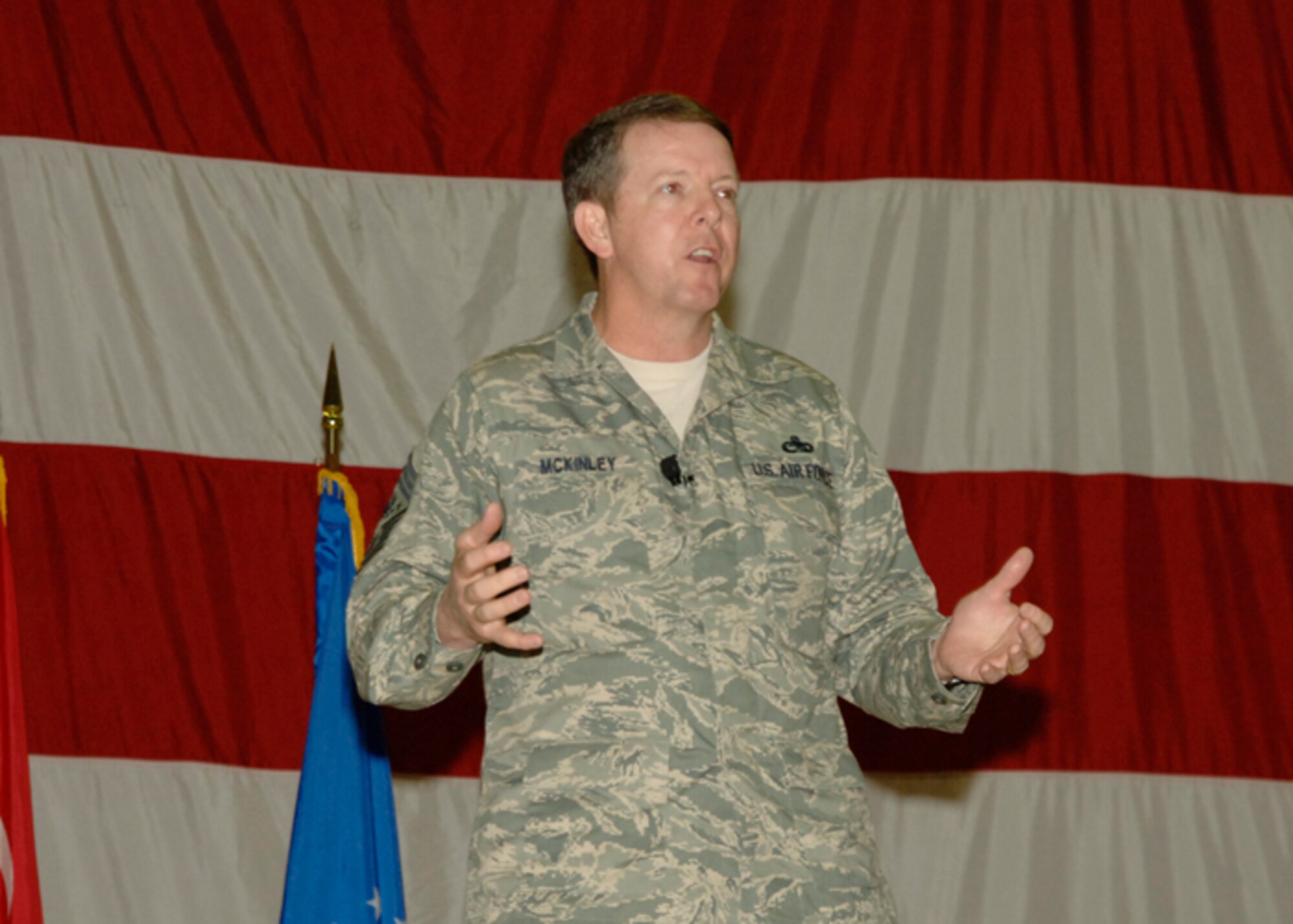 Chief Master Sgt. of the Air Force Rodney J. McKinley speaks to Incirlik Airmen at an all Airmen's Call April 9. Chief McKinley addressed issues such as EPRs, quality of life and new uniforms. (U.S. Air Force photo by Airman 1st Class Kelly LeGuillon)