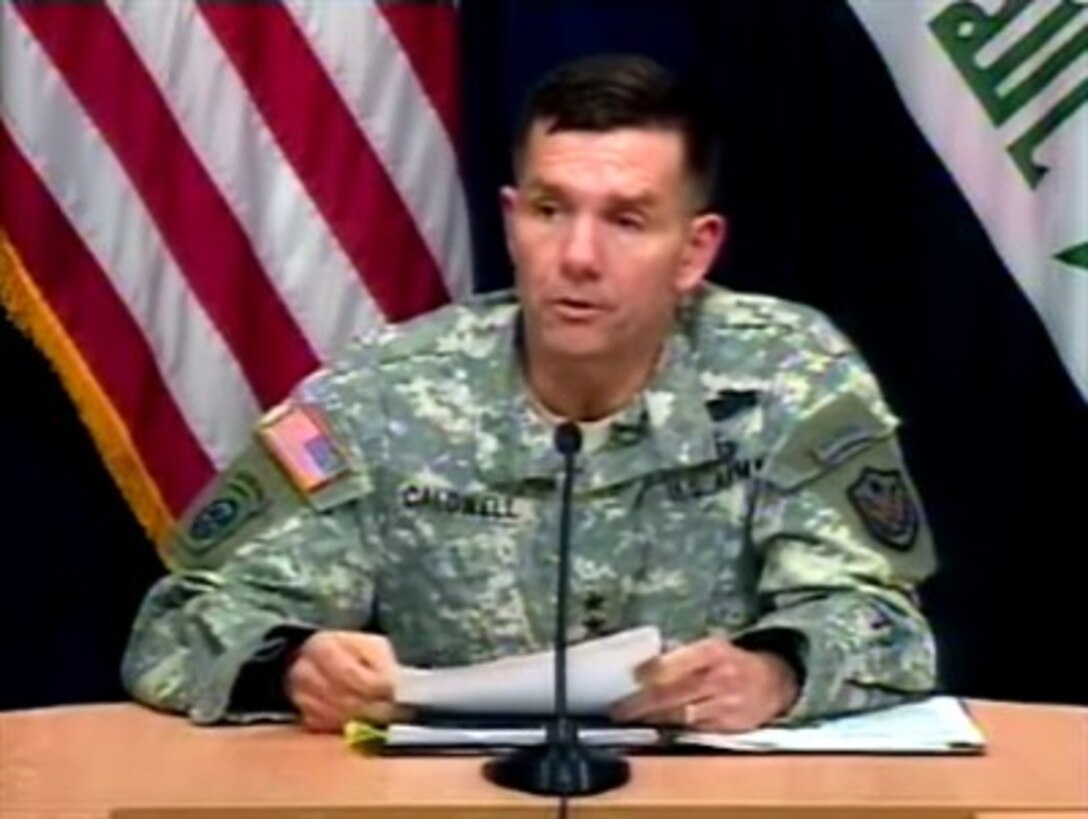 U.S. Army Maj. Gen. William Caldwell,  Multi-National Force-Iraq spokesman, briefs reporters in Iraq, April 11, 2007. 