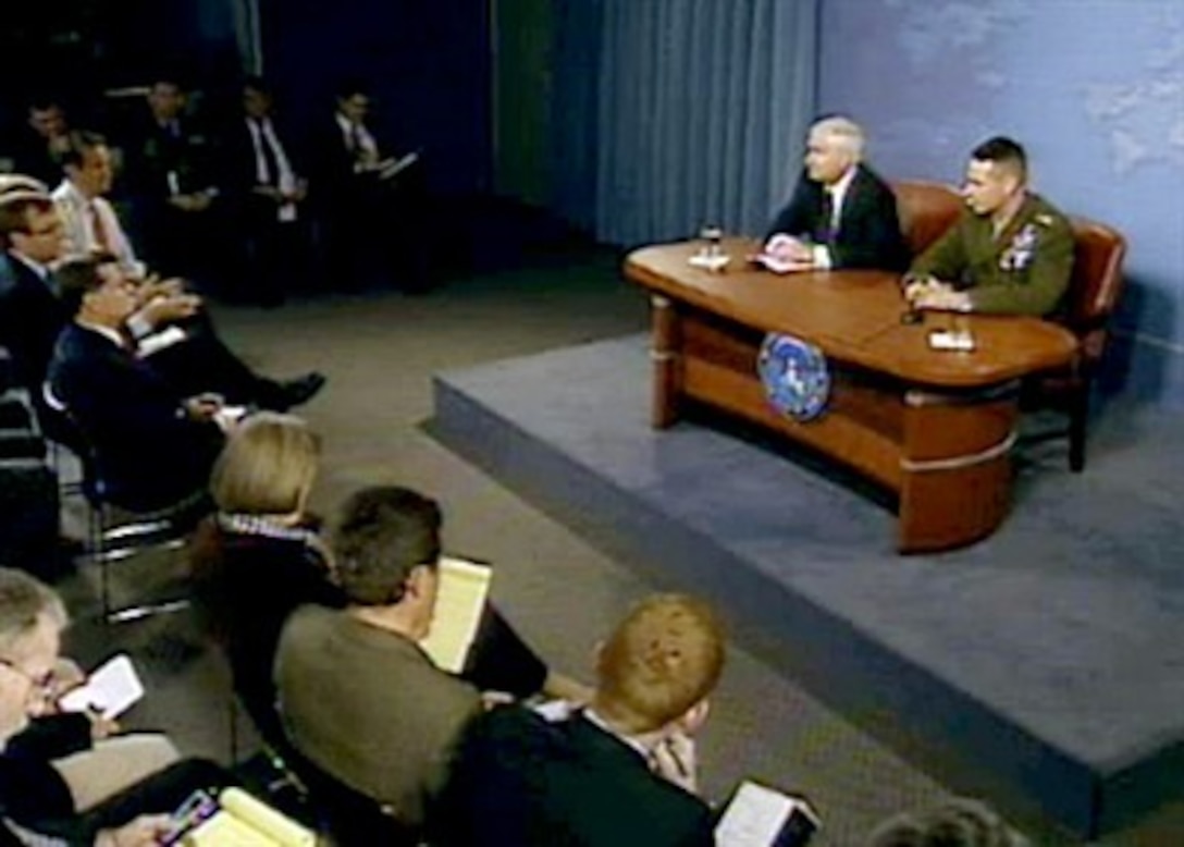 Defense Secretary Robert M. Gates and Chairman of the Joint Chiefs of Staff U.S. Marine Gen. Peter Pace conduct a press briefing at the Pentagon, April 11, 2007.