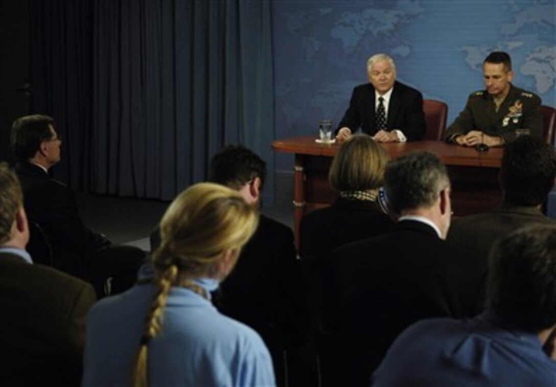 Defense Secretary Robert M. Gates and Chairman of the Joint Chiefs of Staff U.S. Marine Gen. Peter Pace conduct a press conference at the Pentagon, April 11, 2007. 
