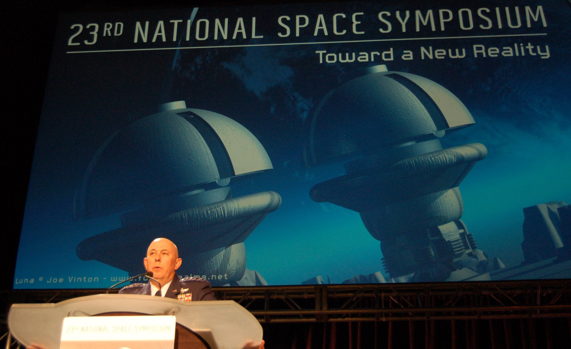 Air Force Chief of Staff Gen. T. Michael Moseley delivers a speech during the 23rd National Space Symposium April 11at the Broadmoor in Colorado Springs, Colo . The general spoke to a crowd of more than 400 military, civilian and industry space professionals. (U.S. Air Force photo/Staff Sgt. Jeremy Larlee)