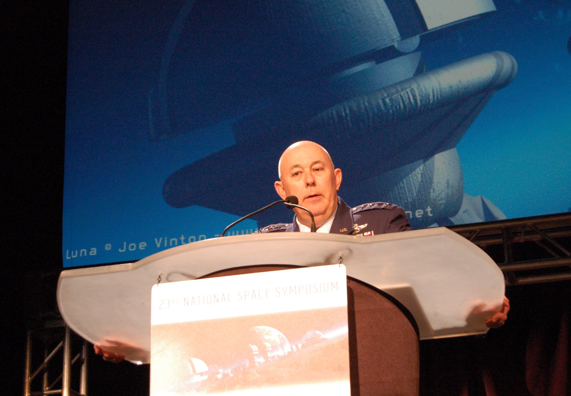 Air Force Chief of Staff Gen. T. Michael Moseley delivers a speech during the 23rd National Space Symposium April 11 at the Broadmoor in Colorado Springs, Colo. The general spoke to a crowd of more than 400 military, civilian and industry space professionals. (U.S. Air Force photo/Staff Sgt. Jeremy Larlee) 