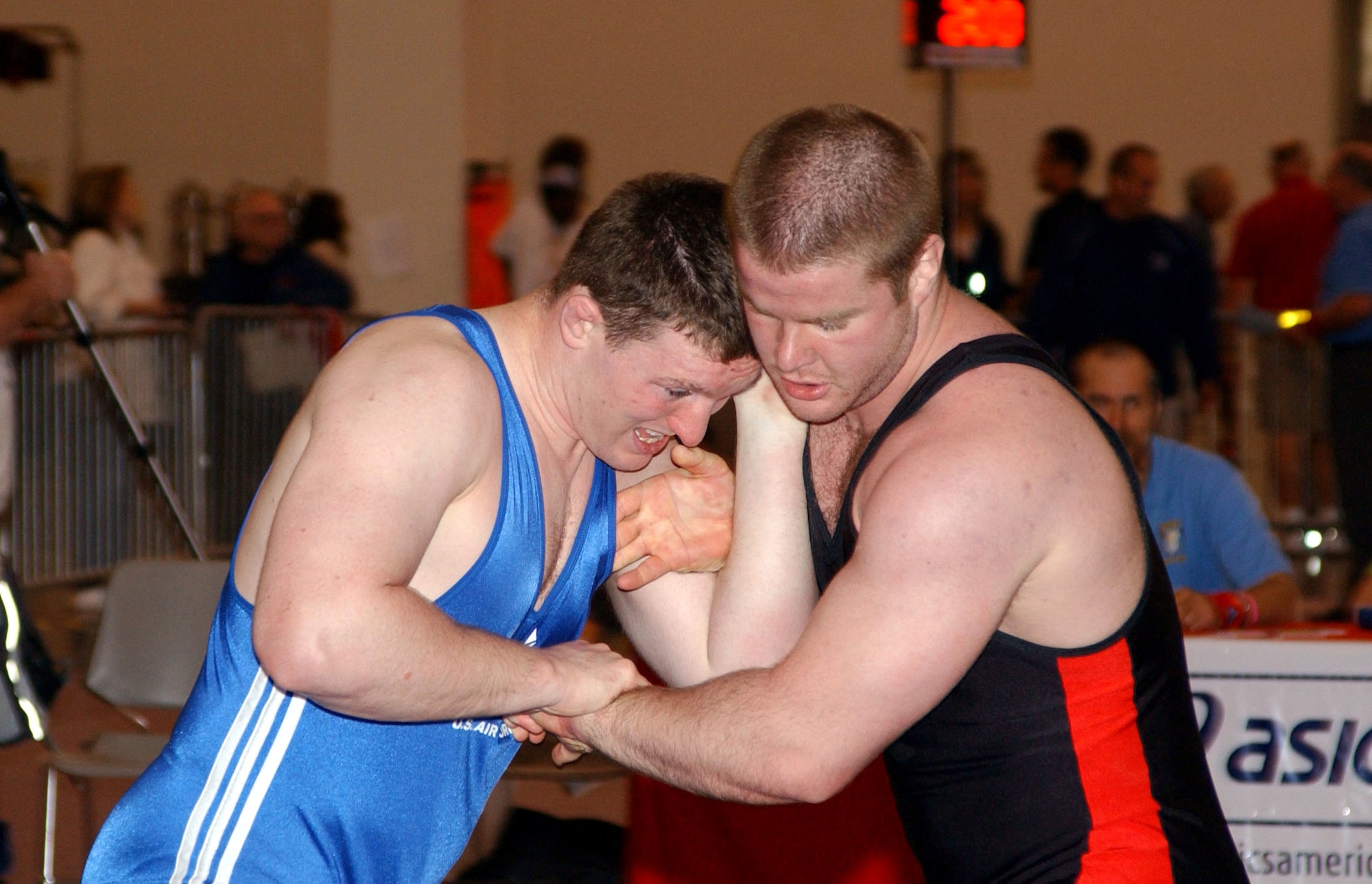 Brenden Mclean (left) matches up against Justin Ruiz in a Greco-Roman style match during the U.S. Wrestling Nationals April 7 in Las Vegas. In McLean's first time wrestling for the Air Force team, he took 8th place overall for his 96-kilogram (211-pound) weight class. (U.S. Air Force photo/Staff Sgt. Jeremy Smith)                                              