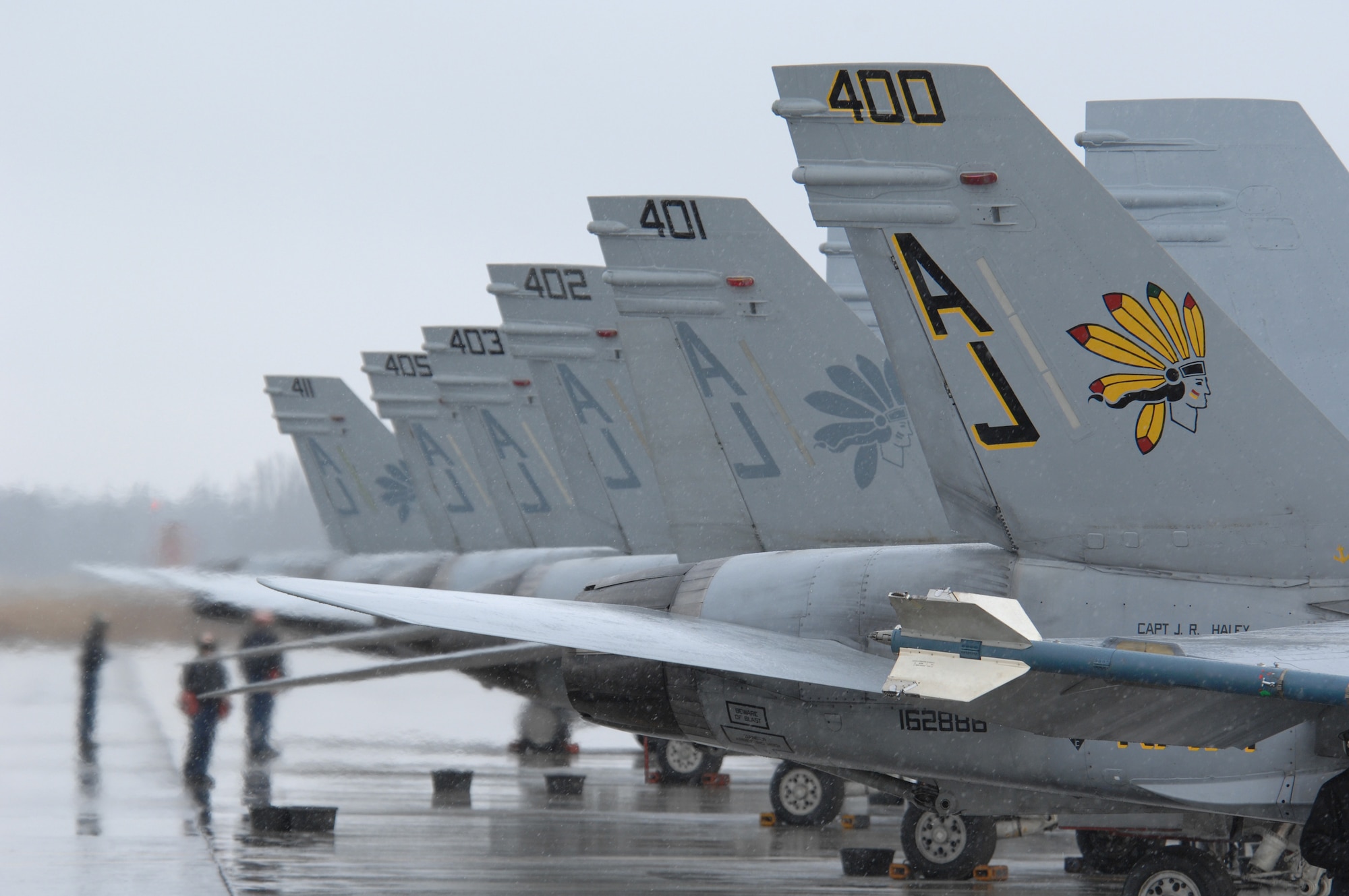 EIELSON AIR FORCE BASE, Alaska -- Navy F/A-18 tail flashes from Strike Fighter Squadron Eight Seven (VFA-87) are showcased on the flightline here during Red Flag-Alaska 07-1 here on April 12. Red Flag-Alaska is a Pacific Air Forces-directed field training exercise for U.S. forces flown under simulated air combat conditions. It is conducted on the Pacific Alaskan Range Complex with air operations flown out of Eielson and Elmendorf Air Force Bases. 
(U.S. Air Force Photo by Staff Sgt Joshua Strang) 