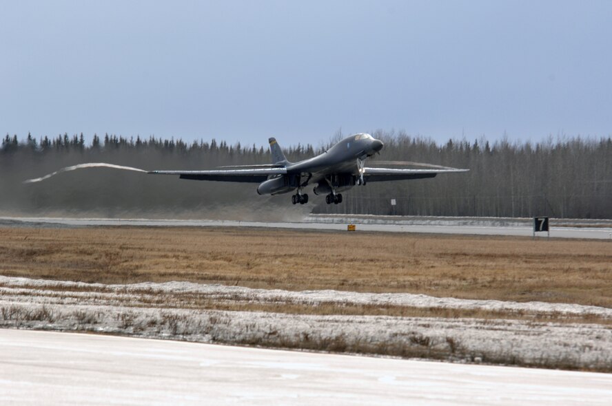 EIELSON AIR FORCE BASE, Alaska -- A B-1B Lancer, 28th Bomb Wing, Ellsworth Air Force Base, South Dakota  takes off for a mission during Red Flag-Alaska 07-1 here on April 11. Red Flag-Alaska is a Pacific Air Forces-directed field training exercise for U.S. forces flown under simulated air combat conditions. It is conducted on the Pacific Alaskan Range Complex with air operations flown out of Eielson and Elmendorf Air Force Bases. 
(U.S. Air Force Photo by Staff Sgt Joshua Strang) 