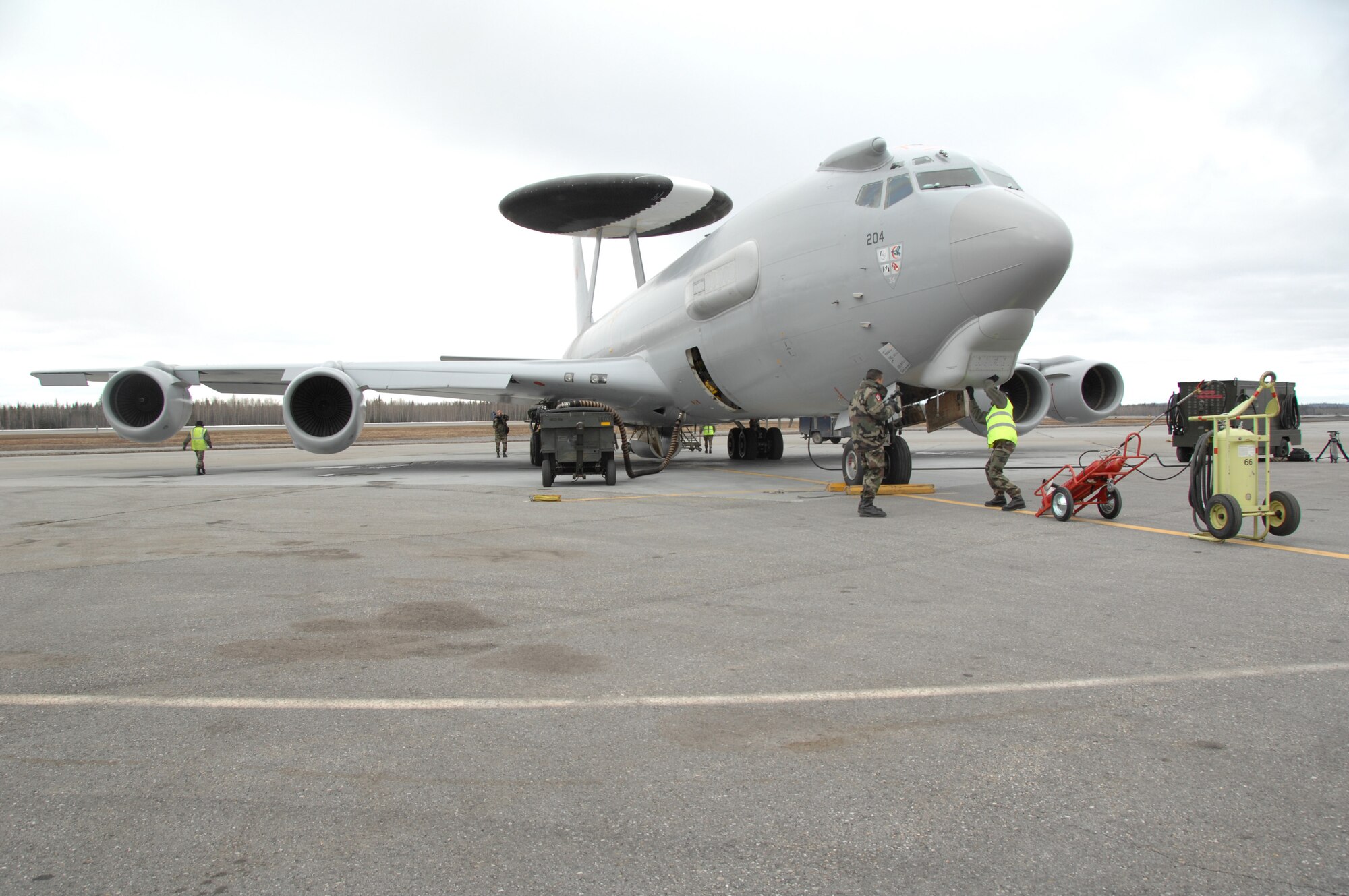 EIELSON AIR FORCE BASE, Alaska -- A French E-3 AWACS, Armee de l'Air, is readied for take off prior to a mission during Red Flag-Alaska 07-1 here on April 11. Red Flag-Alaska is a Pacific Air Forces-directed field training exercise for U.S. forces flown under simulated air combat conditions. It is conducted on the Pacific Alaskan Range Complex with air operations flown out of Eielson and Elmendorf Air Force Bases. 
(U.S. Air Force Photo by Staff Sgt Joshua Strang) 