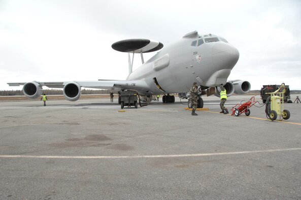 EIELSON AIR FORCE BASE, Alaska -- A French E-3 AWACS, Armee de l'Air, is readied for take off prior to a mission during Red Flag-Alaska 07-1 here on April 11. Red Flag-Alaska is a Pacific Air Forces-directed field training exercise for U.S. forces flown under simulated air combat conditions. It is conducted on the Pacific Alaskan Range Complex with air operations flown out of Eielson and Elmendorf Air Force Bases. 
(U.S. Air Force Photo by Staff Sgt Joshua Strang) 