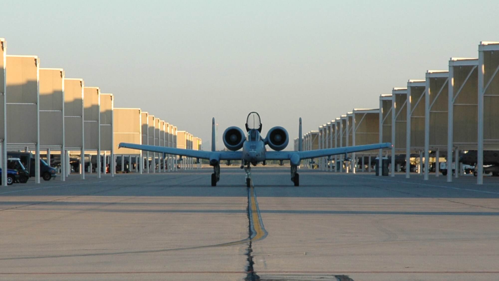 An A-10 Thunderbolt II aircraft from the 354th Fighter Squadron here slowly makes its way from the hangars to the runway here April 7, before departing for Afghanistan. Approximately 300 D-M Airmen are scheduled to deploy over the next several days in support of Operation Enduring Freedom. (U.S. Air Force photo/Airman 1st Class Melissa Taeu)