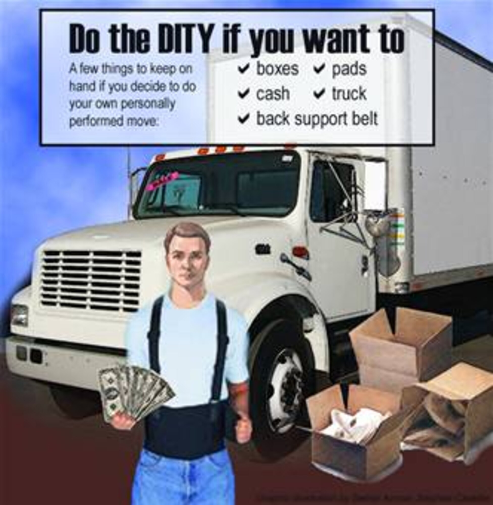 A few things to keep on hand if you decide to do your own personally performed move are:
-boxes,
-pads,
-cash,
-truck,
-back support belt

