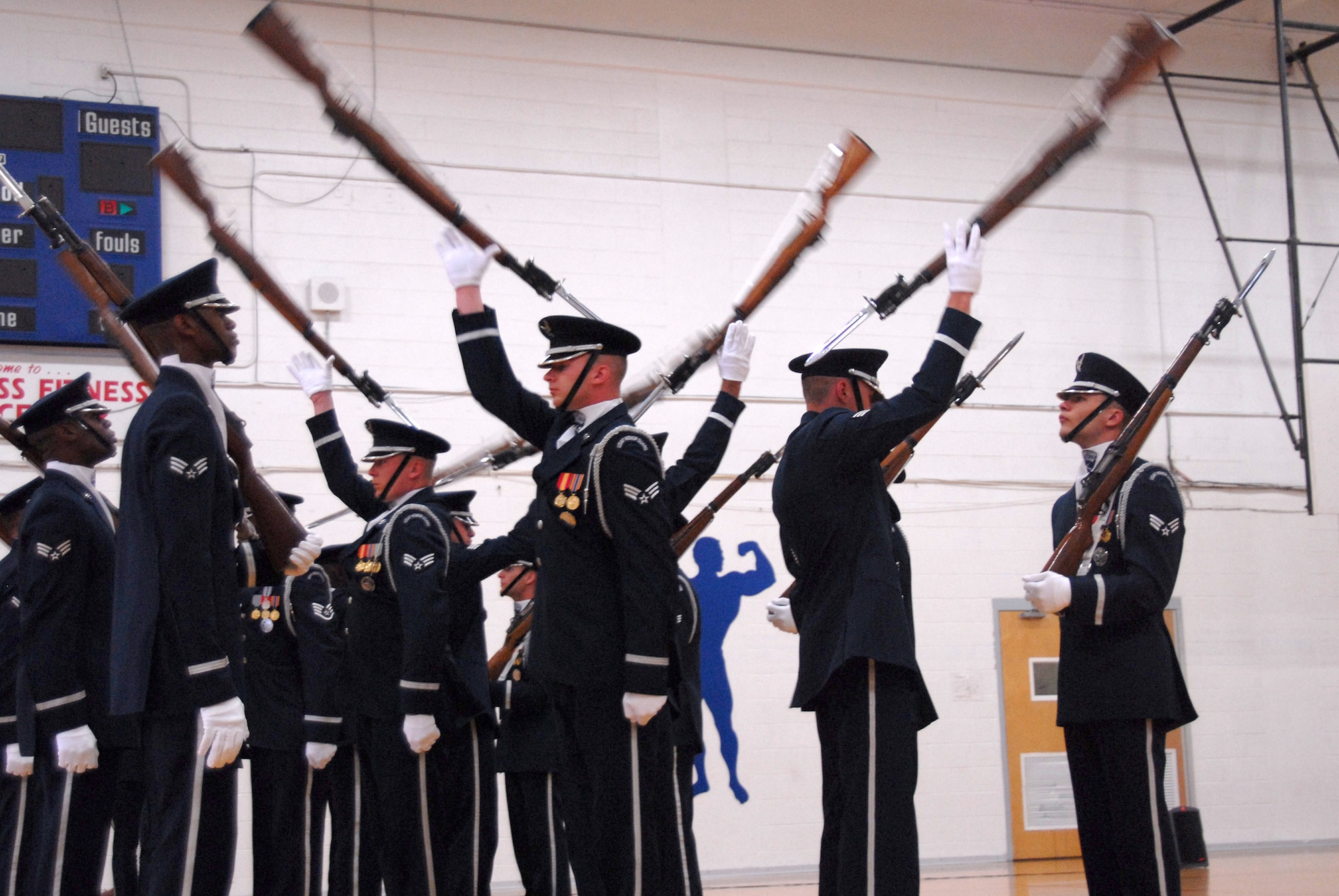 Air Force Honor Guard Drill Team members perform during a show held for Hill Air Force Base personnel April 3. (U.S. Air Force photo by Staff Sgt. Madelyn Waychoff)  