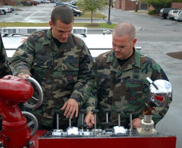 Senior Airman James Chavis (left) and Staff Sgt. Randall Simpkins, 437th Civil Engineer Squadron firefighters, review the controls on the water pump control panel Wednesday. The Charleston AFB Fire Department was recognized as the best in the Air Force for 2006. (U.S. Air Force photo/Senior Airman Sam Hymas)