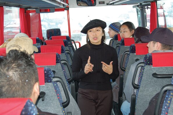SPANGDAHLEM AIR BASE, GERMANY -- Easter Sarnecki, local tour guide and Combat Introduction briefer, provides tips and information on German  culture and traditions to Spangdahlem Airmen during a tour of Bitburg supported by the Host Nation Council. (US Air Force photo/Iris Reiff)