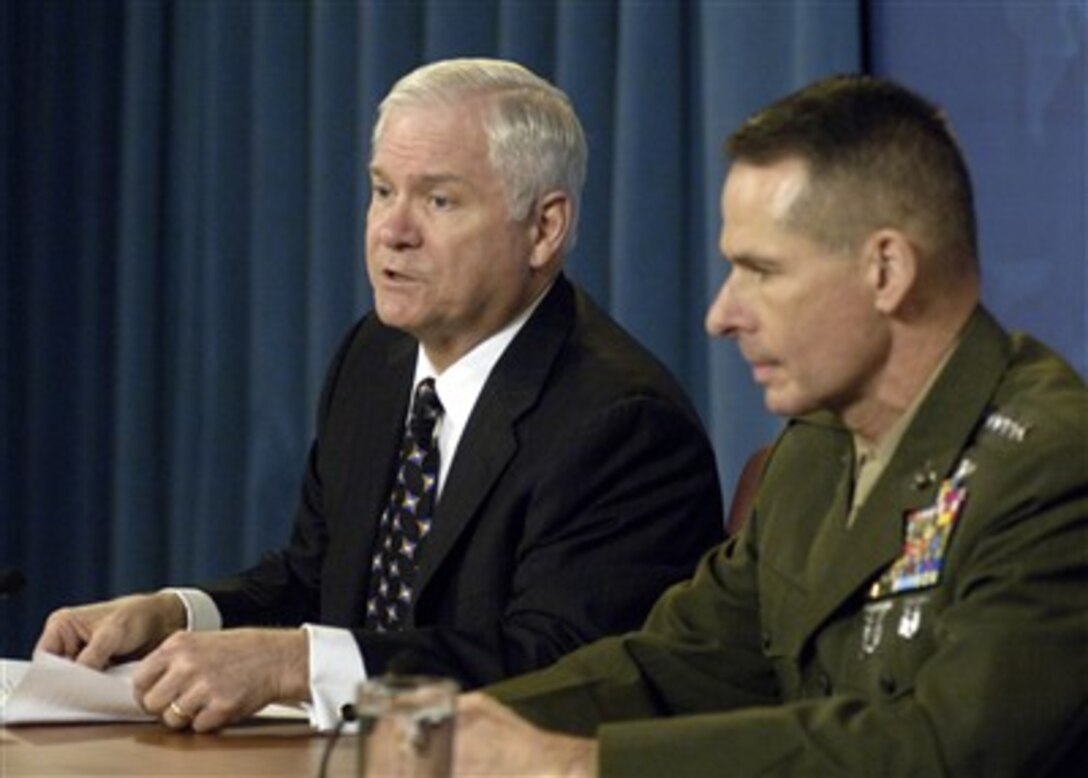 Secretary of Defense Robert M. Gates (left) and Chairman of the Joint Chiefs of Staff Marine Corps Gen. Peter Pace announce a new policy on Army active-duty unit deployments to the war zones of Afghanistan and Iraq during a Pentagon press briefing on April 11, 2007.  Units will be deployed to the U.S. Central Command area of operations for not more than 15 months and can then plan on remaining home for not less than 12 months before another possible foreign deployment.  