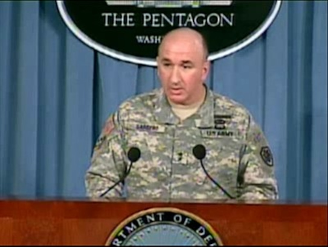 Army senior operations leaders speak with reporters at the Pentagon, discussing the details of the active-duty troop extensions for Iraq, Afghanistan and Kuwait April 12, 2007.
