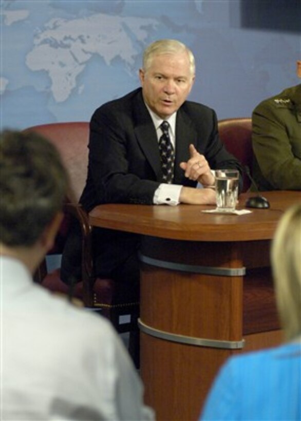 Secretary of Defense Robert M. Gates responds to a reporter's question during a Pentagon press briefing at which he announced a new policy for active-duty Army unit deployments to the Central Command area of operations on April 11, 2007.  