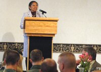 MINOT AIR FORCE BASE, N.D. – Marilyn Nurnberger, base sexual assault response coordinator, addresses the audience during a luncheon recognizing Sexual Assault Awareness Month April 13 at the Jimmy Doolittle Center here. The base SARC educates the Minot Air Force Base population about sexual assault and coordinates sexual assault victim care. (U.S. Air Force photo by Senior Airman Danny Monahan)