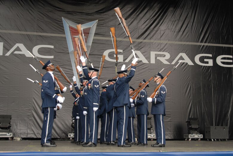 ATLANTA, Ga. -- Air Force Honor Guard Drill Team members perform at the opening ceremonies for the NCAA Final Four Games March 31 at Centennial Olympic Park.  The Air Force Honor Guard Drill Team was invited to perform for various ceremonies associated with the NCAA Final Four events March 31 - April 2, including the  at Hoop City, an interactive experience for basketball fans.