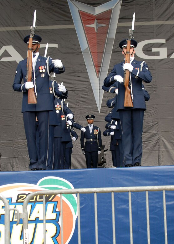 ATLANTA, Ga. -- Air Force Honor Guard Drill Team members perform at the opening ceremonies for the NCAA Final Four games at Centennial Olympic Park March 31.  The drill team was invited to perform at events and ceremonies surrounding the Final Four Games March 31 - April 2.