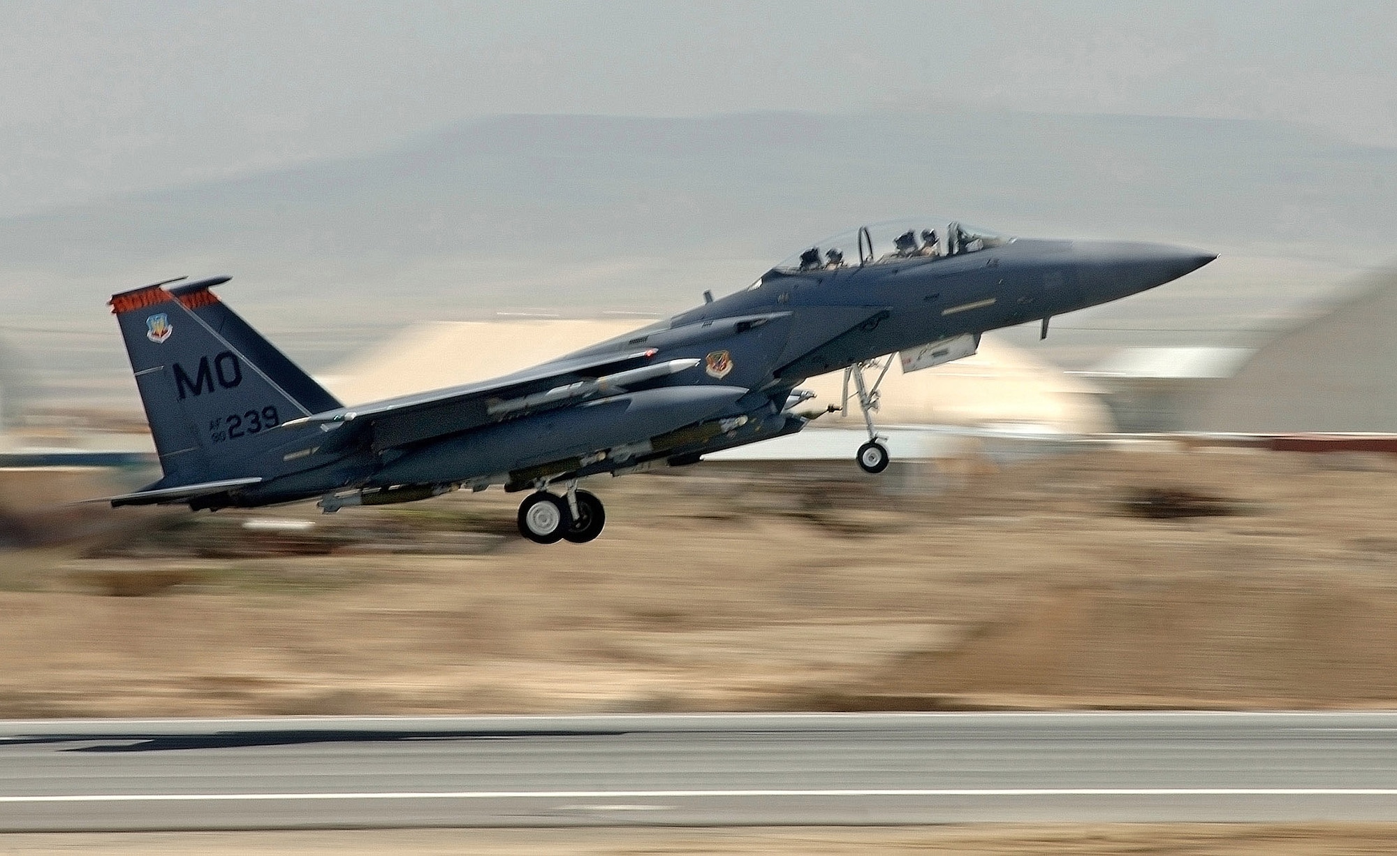An F-15E Strike Eagle jet takes off from Bagram Air Base, Afghanistan, to provide close-air support for International Security Assistance Force ground operations. Coalition aircraft like the F-15E flew 43 close-air-support missions in support of ISAF April 12. (U.S. Air Force photo/Tech. Sgt. Cecilio M. Ricardo Jr.) 