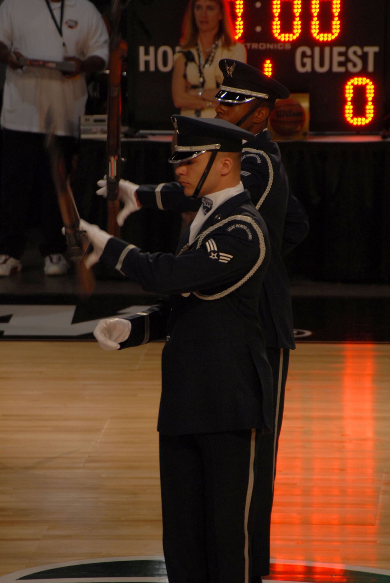 ATLANTA, Ga. -- Members of the Air Force Honor Guard Drill Team perform at Hoop City during events surrounding the NCAA Final Four Games March 31 - April 2.  The Air Force Honor Guard Drill Team was invited to perform for various ceremonies associated with the NCAA Final Four events, including the opening ceremonies at Centennial Olympic Park March 31.
