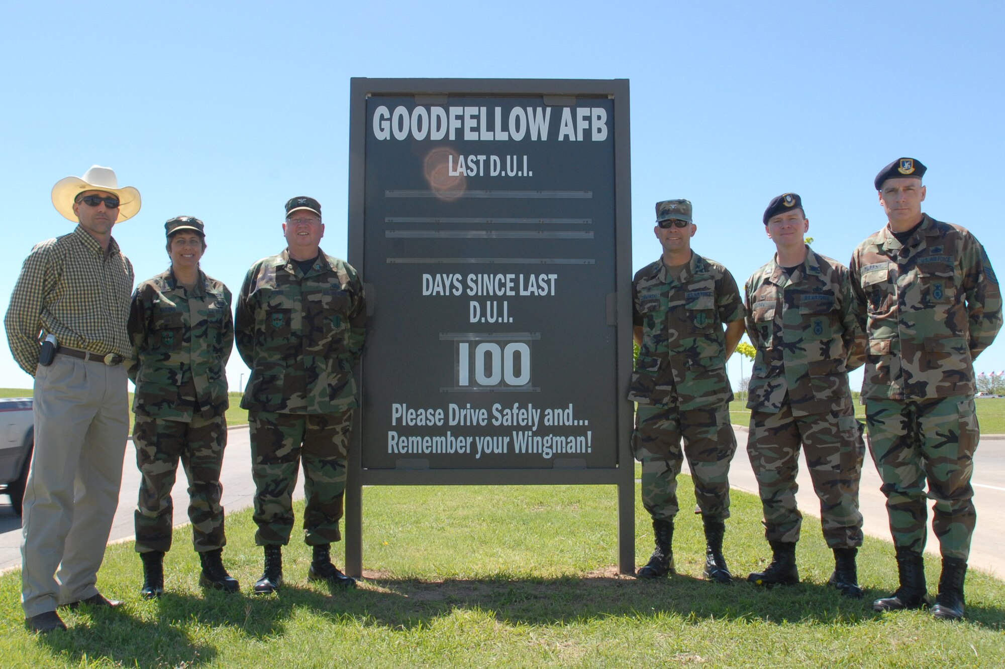 Members of Team Goodfellow’s leadership pose Wednesday in front of the sign marking 100 days since the last DUI on Goodfellow. From left to right are Paul Buckingham, Goodfellow’s Sexual Assault Response Coordinator; Col. Merrily Madero, 17th Training Wing vice commander; Col. Richard Ayres, 17 TRW commander; Col. Stephen Czerwinski, 17th Mission Support Group commander; Lt. Col. Kenneth O’Neil, 17th Security Forces Squadron commander, and Chief Master Sgt. Michael Murphy, 17 SFS superintendent.

“This milestone is a tribute to our wing officer and NCO leaders, who have worked so hard to get the message out about drunk driving, and it’s also a reflection on the caliber of Airmen we have on this base,” Col. Ayres said. “I encourage everyone to not let down their guard and make sure we keep this streak going,” the commander continued. (U.S. Air Force photo by Staff Sgt. Angela Malek)